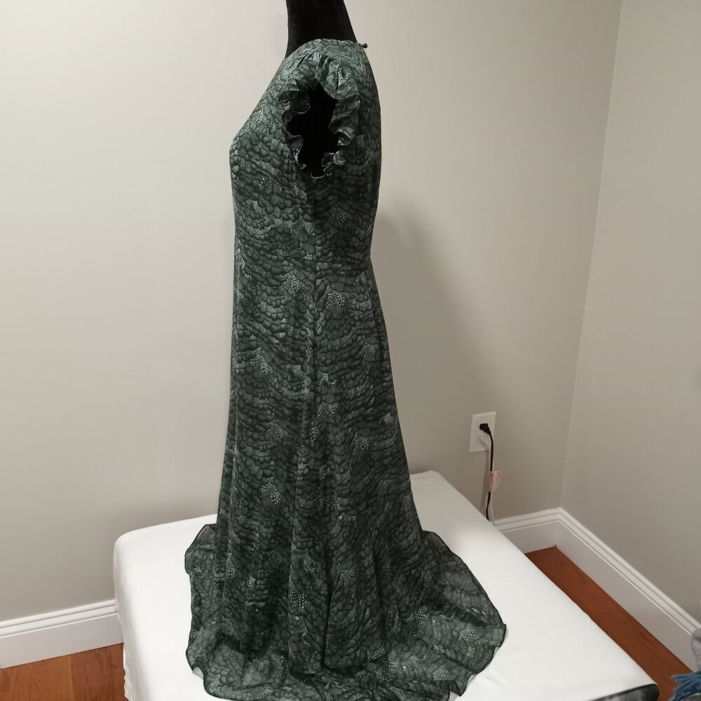 Feather Printed Midi Flounce Dress - Feather Bottle Green Women Size 40 - Picture 6 of 8